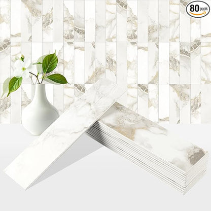 80-Piece Polished Marble Thick PVC Peel and Stick Backsplash, 2" x 8" Waterproof Subway Tile Peel and Stick Wall Tiles for Kitchen and Bathroom