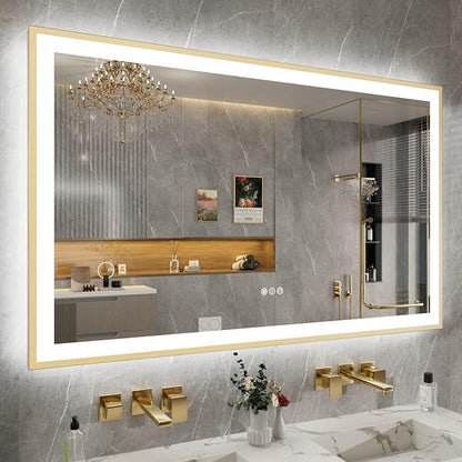 48x36 Inch LED Mirror for Bathroom with Gold Frame | Gold Metal Frame, Front and Backlit, 3 Colors, Dimmable, Memory, Anti Fog, Tempered Glass, Lighted Mirror for Wall