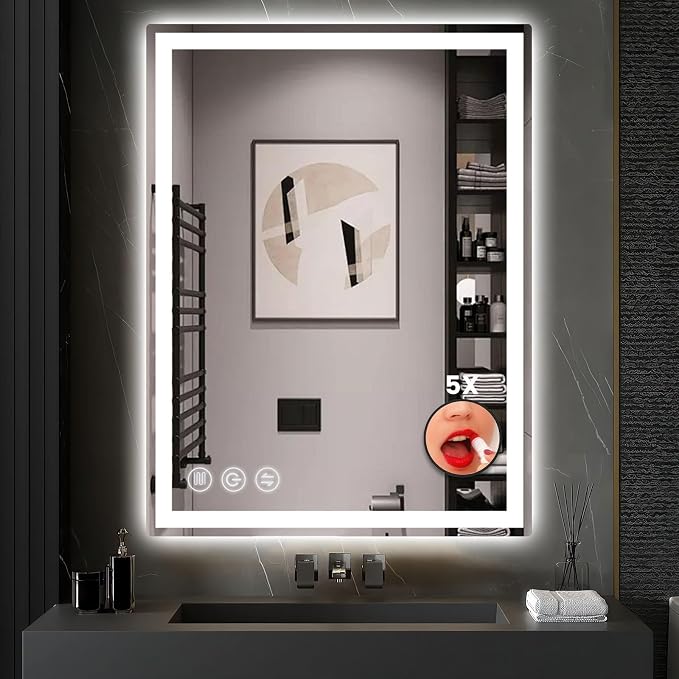 24" x 36" LED Bathroom Mirror with Lights, Memory Vanity Mirror | Anti-Fog, 3 Color Modes, Dimmable, Front Lit, Memory Function, Tempered Glass, Lighted Bathroom Mirror for Wall