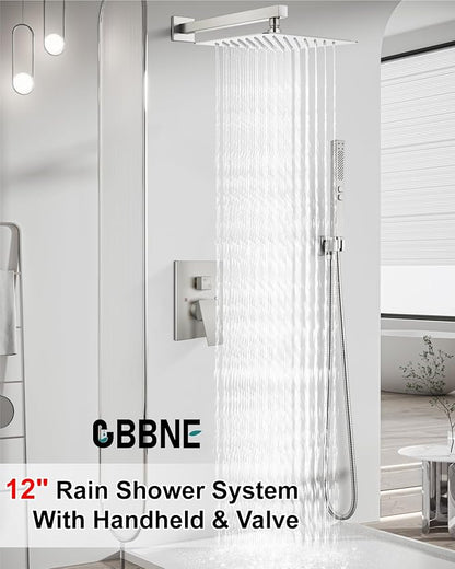 Shower Faucet Set Rainfall Shower System with Square Showerhead and Handle Set Fixture with 2 in 1 Function Handheld Sprayer Wall Mounted Trim Repair Kit Rough-in Valve 12 Inch Brushed Nickel