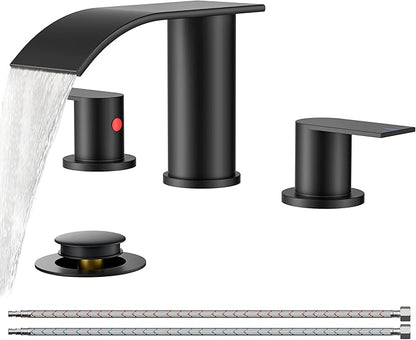 FORIOUS Upgrade Matte Black Bathroom Faucets 3 Hole, Waterfall 8 Inch Widespread Bathroom Sink Faucet with Pop-up Drain and Supply Lines, Two Handles for Vanity, Farmhouse, School Sink