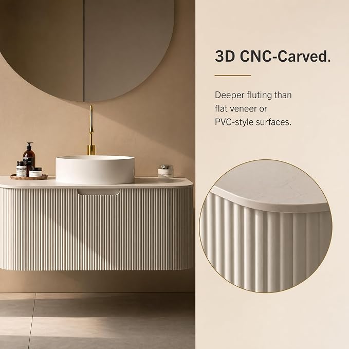 36 Inch Bathroom Vanity with Sink, Floating Wall Mounted Single Sink Vanity, White Curved Fluted Front, Stone Top, Pure White Round Vessel Basin, Pre-Assembled