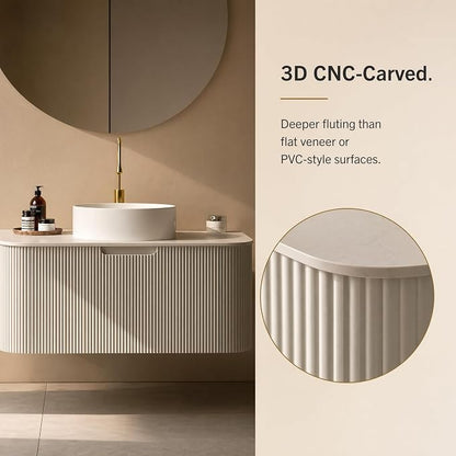 36 Inch Bathroom Vanity with Sink, Floating Wall Mounted Single Sink Vanity, White Curved Fluted Front, Stone Top, Pure White Round Vessel Basin, Pre-Assembled