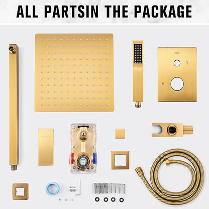 Rainfall Shower System - Wall Mounted Complete Combo with Solid Brass Pressure Balancing Valve, High Pressure Shower Head, Handle Set & Installation Accessories Brushed Gold 10"+Handheld Spray
