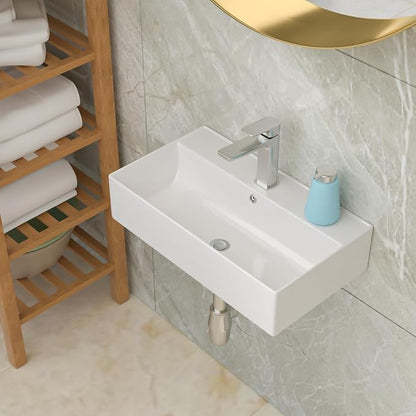Lordear Wall Mount Bathroom Sink 21x12 Inch White Rectangle Vanity Sink with Overflow Faucet Hole Porcelain Ceramic Floating Bathroom Vessel Sinks, Wall Hung Wash Hand Basin