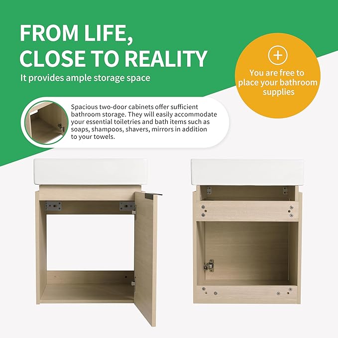 18 Inch Bathroom Vanity with Sink,Wall Mounted Bathroom Vanity Sink Combo with Soft Close Door for Small Space,Modern Floating Bathroom Vanity with Top Basin & Storage Cabinet