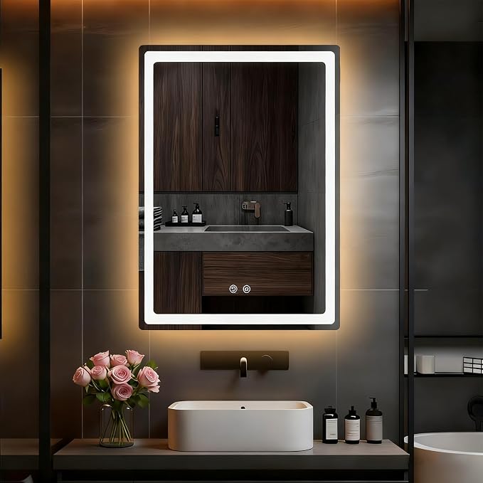 LTFUUAI 20"X28" LED Bathroom Mirror with Lights, Front & Back Light | Lighted Bathroom Mirror, Touch 3-Color Stepless Dimming, Wall Mounted, Anti-Fog Shatterproof, UL Listed
