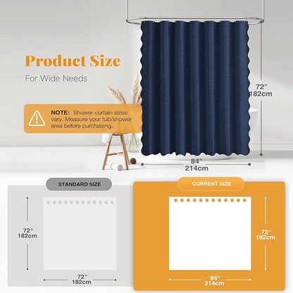 BTTN Large Shower Curtain, 84 Inch Boho Scalloped Linen Textured Thick Fabric Shower Curtain Set with 14 Plastic Hooks, Wide Elegant Country Waterproof Shower Curtains for Bathroom, 84x72, Navy Blue