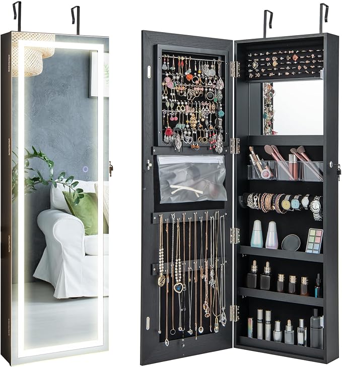 CHARMAID LED Mirror Jewelry Cabinet, 47.2'' Jewelry Armoire with Adjustable Lighted Full Length Mirror, Wall Mounted or Door Hanging, Lockable Jewelry Organizer Storage (Black, 47.2''H)