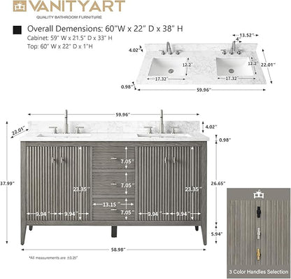 Vanity Art 60 inch Bathroom Vanity with Double Sink & Ceramic Top, Vanity Cabinet with Soft-Closing Door, Solid Wood Frame, Linear Pattern, Driftwood Gray, Golden Brushed Handware VA91360-DDG-GB