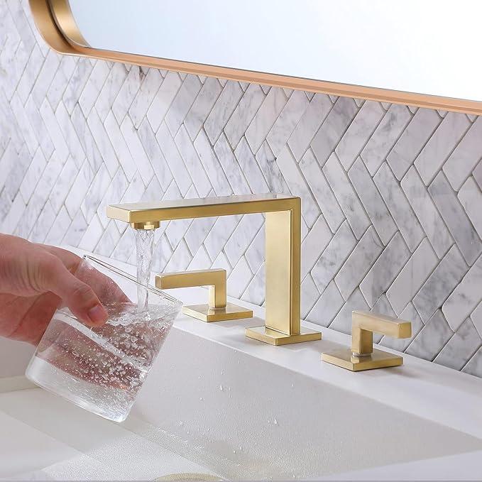VCCUCINE Gold Bathroom Faucet, Modern Commercial 2 Handle 3 Holes Brushed Gold Widespread Bathroom Brass Lavatory Vanity Sink Faucet with Water Supply Lines,DSTVC051-2GN