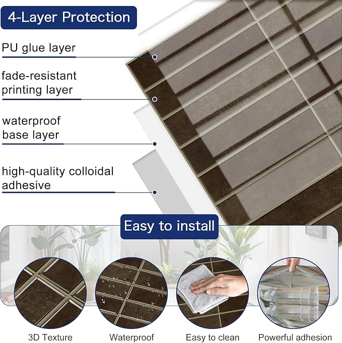 MORCART 20PCS 11.8"x11.8" Peel and Stick Backsplash, Wall Tiles, Dark Brown | 3D Adhesive Waterproof Wall Tiles for Kitchen, Bathroom, Living Room, Laundry Room, Subway Tiles