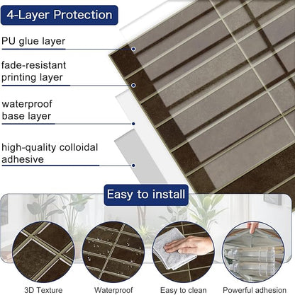 MORCART 20PCS 11.8"x11.8" Peel and Stick Backsplash, Wall Tiles, Dark Brown | 3D Adhesive Waterproof Wall Tiles for Kitchen, Bathroom, Living Room, Laundry Room, Subway Tiles