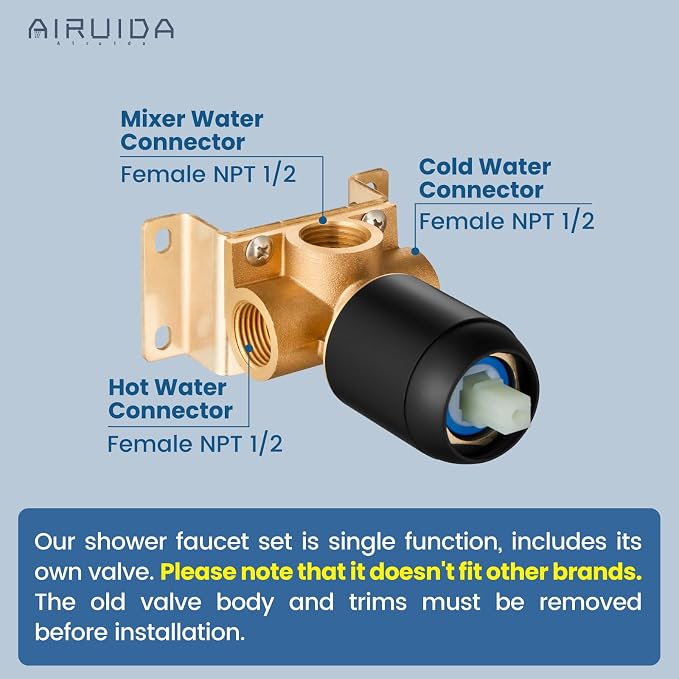 Airuida 12 Inch Matte Black Shower Faucet Set,Shower Valve Kit | Rainfall Shower Head and Handle Set,Female Thread Rough-in Valve Shower Kit,Single Function Shower System