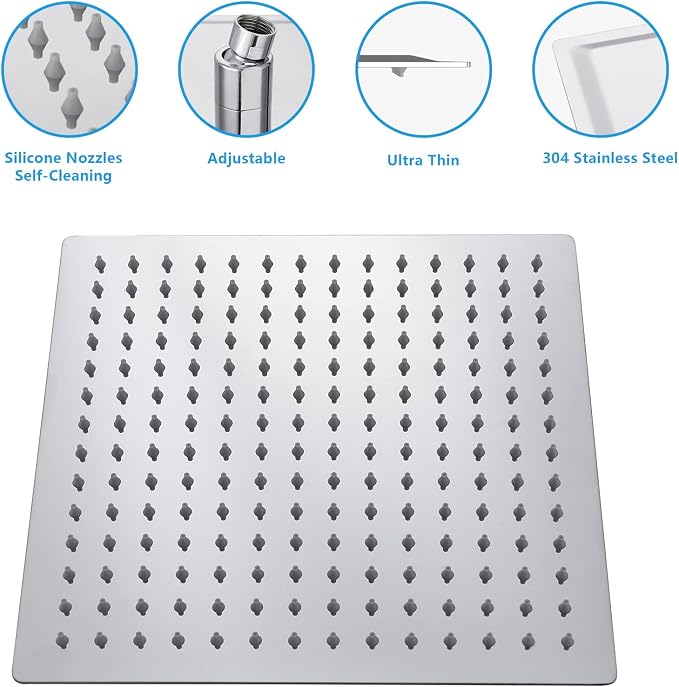 Lordear Rain Shower Heads High Pressure, Rainfall Showerhead for Bathroom Fixed Mount, 12 Inch Large Square High Flow Shower Head (Chrome)