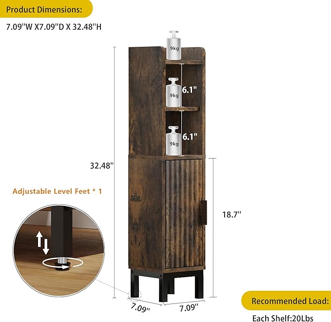 Small Bathroom Storage Cabinet, Corner Floor Narrow Toilet Paper Cabinet with Door and Shelves,Bathroom Organizer with Adjustable Shelf, for Small Spaces (Rustic Brown)
