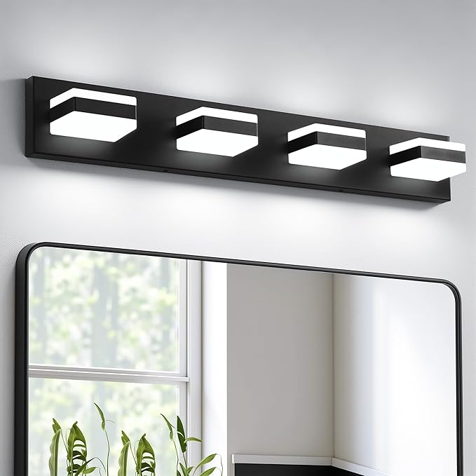 Bathroom Lighting Fixtures Over Mirror, 4 Light Black Vanity Light | Cool White, 5000K, Modern Vanity Wall Lights for Bath, Dressing Room, Restroom, 29.5 inch