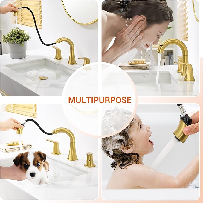 Gold Bathroom Faucet with Sprayer - Brushed Gold Faucets for Sink 3 Holes, Bathroom Pull Down Faucet, 2 Handles 8 Inch Widespread Vanity Faucet with Pull Out Sprayer & Pop-up Drain