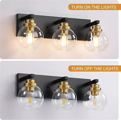 3-Light Bathroom Vanity Light Fixture Over Mirror, Bathroom Light Fixutre Matte Black & Gold Finish with Globle Clear Glass E26 Base Bulbs Not Included for Bathroom, Hallway, Bedroom, Living room