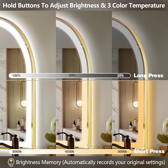 Arched LED Bathroom Mirror, 32"x20" Arch Backlit Vanity Mirror with Lights, Frontlit, Dimmable, 3 Colors, Memory Function, Anti-Fog Smart Mirror, Shiny Gold Frame, Shatterproof, UL Listed