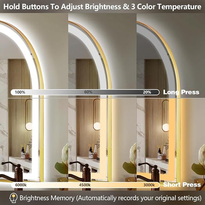 Arched LED Bathroom Mirror, 40"x30" Arch Backlit Vanity Mirror with Lights, Frontlit, Dimmable, 3 Colors, Memory Function, Anti-Fog Smart Mirror, Shiny Gold Frame, Shatterproof, UL Listed