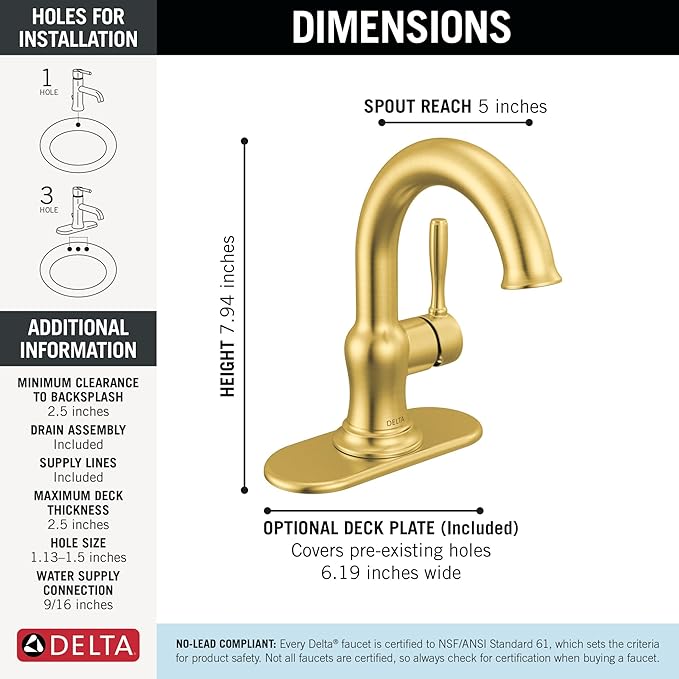 Delta Roe Brushed Gold Bathroom Faucet 1 Hole, Single Hole Bathroom Sink Faucet for Vanity, Push-Pop Drain Assembly, Brushed Gold 15985LF-GB