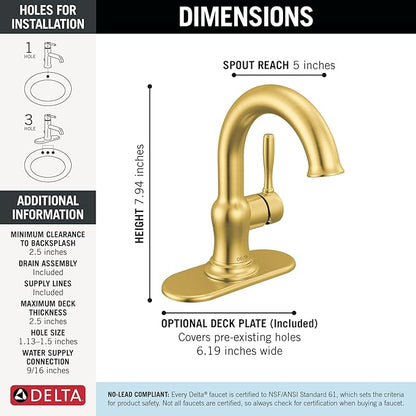 Delta Roe Brushed Gold Bathroom Faucet 1 Hole, Single Hole Bathroom Sink Faucet for Vanity, Push-Pop Drain Assembly, Brushed Gold 15985LF-GB
