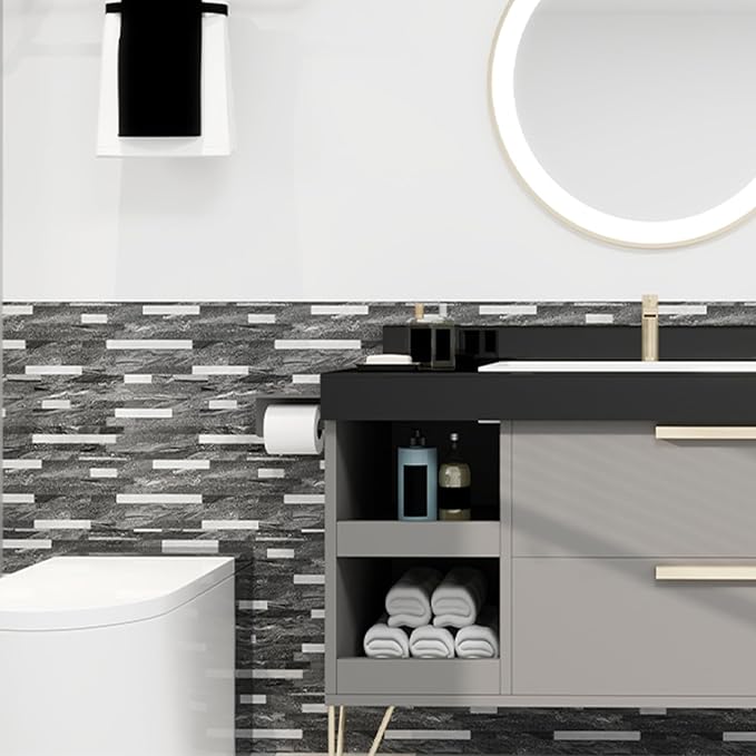 KASARO Peel and Stick Marble Backsplash Tile, 10 Sheets, Black Marble with Silver Embellished Stripes, Self-Adhesive Wall Tile for Kitchen, Bathroom, Fireplace, RV (11.4” x 10.6”)