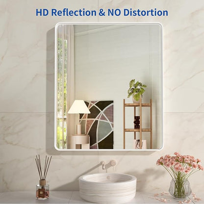 WEER White Metal Framed Bathroom Mirror 28x36 Inch | Rounded Rectangle, Matte White Framed, Tempered Glass, Anti-Rust, Hangs Horizontally or Vertically