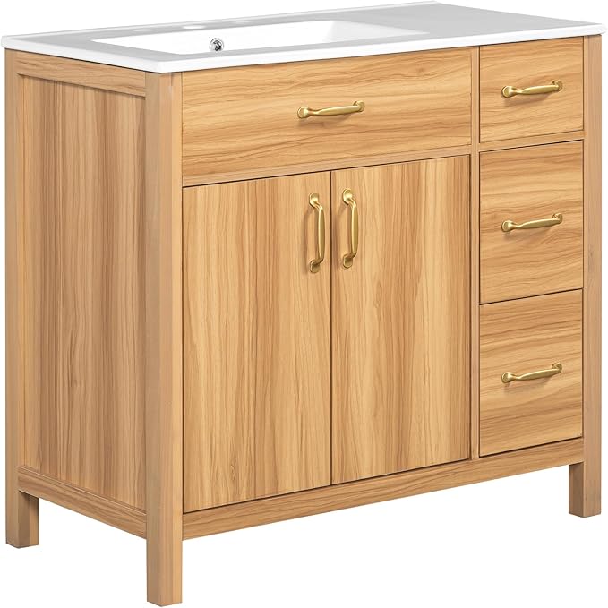 Favfurish 36" Bathroom Vanity,Free Standing Single Basin Vanity Combo with Sink,3 Soft Close Drawers & 2 Soft Close Doors,Solid Wood Frame Storage Cabinet w/Ceramic Basin,for Small Space,Natural