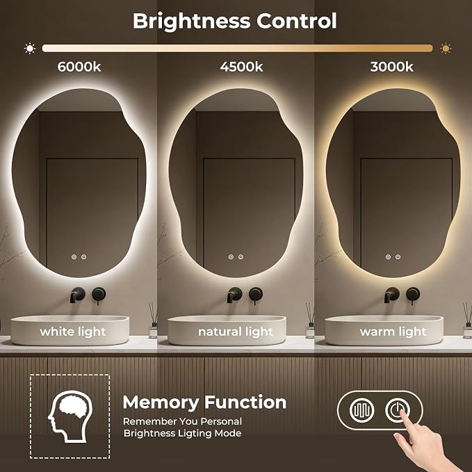 LED Bathroom Mirror with Lights, Asymmetrical Irregular Backlit Vanity Mirror, 35" H x25 W, Anti-Fog, Dimmable 3 Color Temp, Memory, Hardwired Mount, Horizontal/Vertical