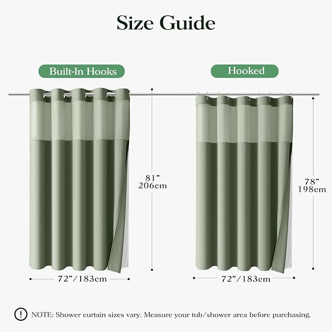 Sage Green Hook Free Waffle Shower Curtain & Snap-in Liner,72x81 | Less Time to install, 3 in 1 Fabric Shower Curtain and Liner Set with Magnets, Long, Shower Curtains for Bathroom