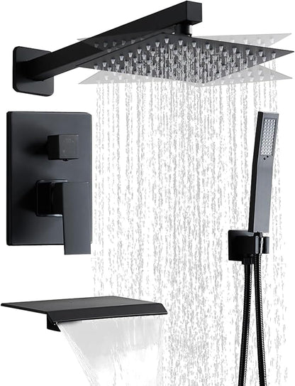 Matte Black Shower Faucet Set with Tub Spout 8 Inch, | with 2 Hooks, Tub and Shower Faucet Combo, Rain Shower and Handheld Shower System Square Wall Mount for Bathroom