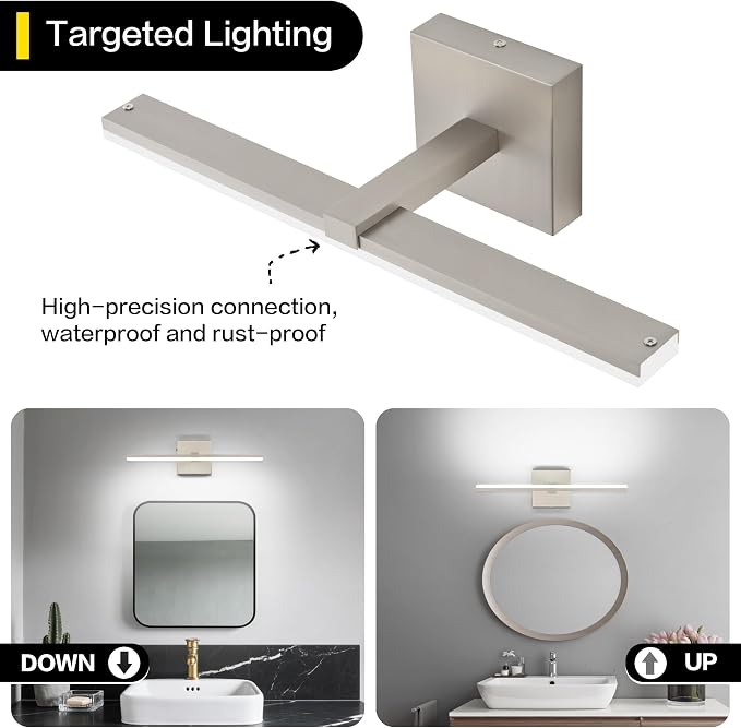 18 Inch Bathroom Vanity Light Over Mirror Brushed Nickel Arm Extra Wide LED Bar 6000K Daylight ETL IP44 CRI85+