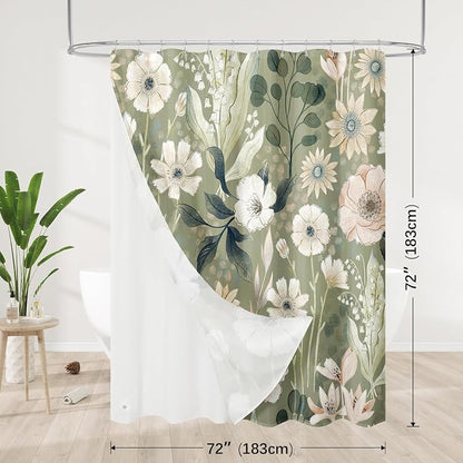 3 in 1 Green Floral Shower Curtain Set with PEVA Liner & 12 Hooks, 72 x 72 | Boho Tropical Botanical Style, Farmhouse Floral Fabric, Modern Hotel Inspired, Water‑Repellent, Machine Washable