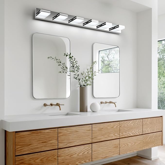 SineRise LED Modern Bathroom Vanity Light Fixtures, Modern Acrylic Bathroom Wall Lighting Fixtures Over Mirror, 6-Light, 48-Inch, Chrome, White