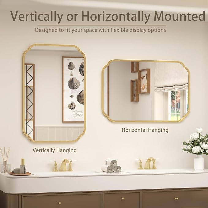 SMIROR 24x36 Gold Scalloped Corner Bathroom Vanity Mirror for Wall | Metal Frame, Scalloped Rectangle, Anti-Rust, Horizontally or Vertically Mounted