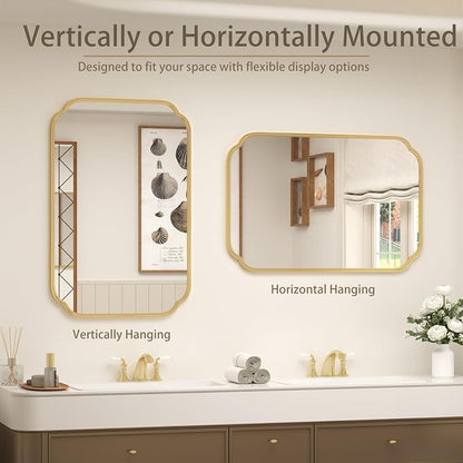 SMIROR 24x36 Gold Scalloped Corner Bathroom Vanity Mirror for Wall | Metal Frame, Scalloped Rectangle, Anti-Rust, Horizontally or Vertically Mounted