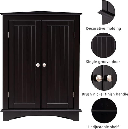 Spirich Floor Corner Cabinet with Two Doors and Shelves, Free-Standing Corner Storage Cabinets for Bathroom, Kitchen, Living Room, Espresso | Space-Saving Corner Design, Adjustable Shelf, Enclosed Storage, Beadboard Doors, Silver Knobs, FSC-Certified E...