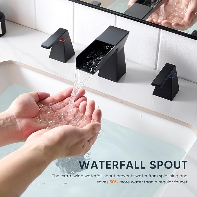 Matte Black Bathroom Faucet 3 Holes Two Handles Lavatory Vanity Sink Faucet Widespread 8 Inch Waterfall with Supply Hoses Stainless Steel