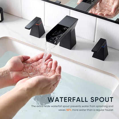 Matte Black Bathroom Faucet 3 Holes Two Handles Lavatory Vanity Sink Faucet Widespread 8 Inch Waterfall with Supply Hoses Stainless Steel