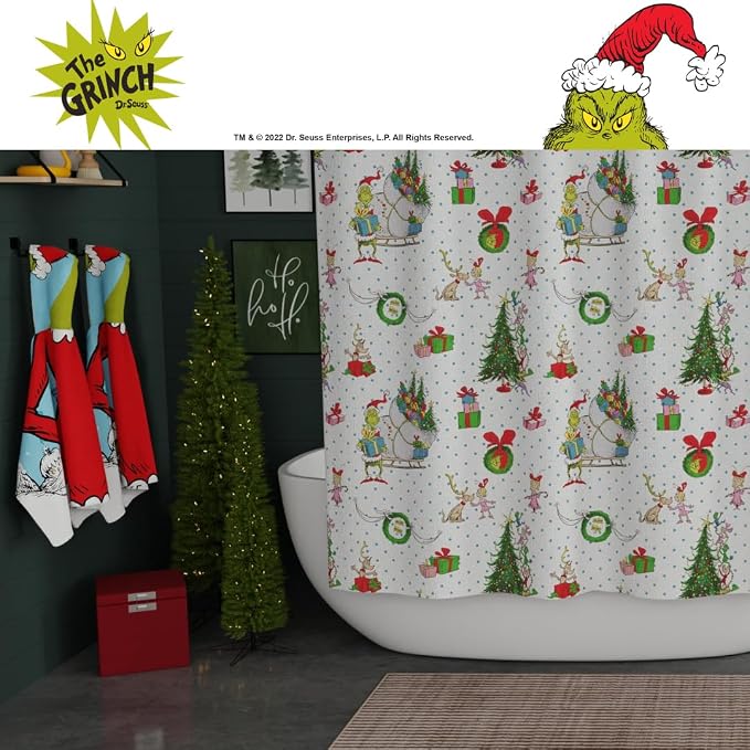 Grinch Wrapping Paper Holiday Christmas 13-Piece Shower Curtain Set, 72 x 72 Inch Fabric Curtain with Hooks, Bathroom Decor, Machine Washable, (100% Officially Licensed Product) by Franco Collectibles