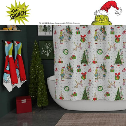 Grinch Wrapping Paper Holiday Christmas 13-Piece Shower Curtain Set, 72 x 72 Inch Fabric Curtain with Hooks, Bathroom Decor, Machine Washable, (100% Officially Licensed Product) by Franco Collectibles