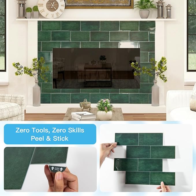 Art3d Faux Ceramic Tile Peel and Stick Backsplash, 10-Pack, Dark Green | 12.6 x 10.6 in, Thickened Design, Heavy-Duty, Strong Adhesive, for Kitchen, Bedroom, Countertop Decor, Ideal for Home Upgrade