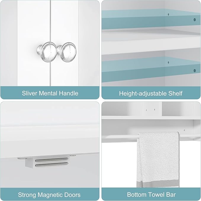 VECELO Bathroom Wall Cabinet with LED Light, Wall Mounted Medicine Cabinet with Open and Hidden Storage Space and Towel Bar for Bathroom, Kitchen, Laundry Room, White