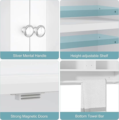 VECELO Bathroom Wall Cabinet with LED Light, Wall Mounted Medicine Cabinet with Open and Hidden Storage Space and Towel Bar for Bathroom, Kitchen, Laundry Room, White