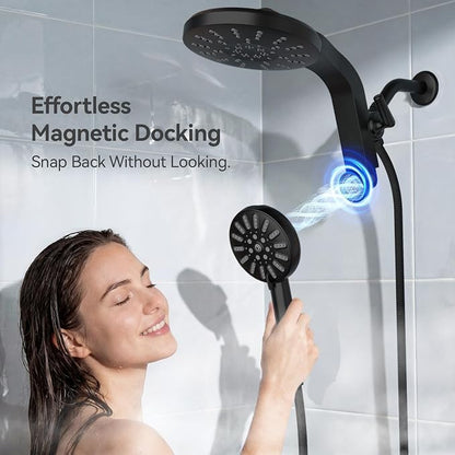 INAVAMZ High Pressure Rain Shower Head Combo with Magnetic Handheld Black | Dual Shower System with Rainfall Showerhead and 8-Spray Handheld, Magnetic Dock, Adjustable Angle, Power Jet for Cleaning