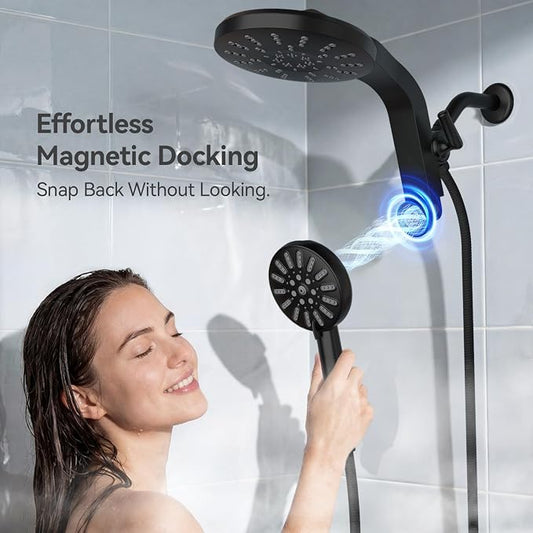High Pressure Rain Shower Head Combo with Magnetic Handheld Black | Dual Shower System with Rainfall Showerhead and 8-Spray Handheld, Magnetic Dock, Adjustable Angle, Power Jet for Cleaning