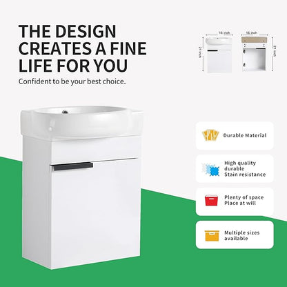 16" Wall Mounted Bathroom Vanity with Sink, 16 inch Floating Bathroom Vanity, Mordern Sink Vanity Combo, Basin and Cabinet 1 Soft Closing Door, White(WH-029, 16 * 10)