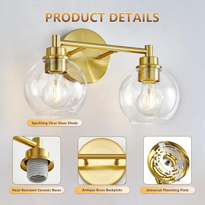 Bathroom Light Fixtures, Vanity Lights for Bathroom 2-Light Gold, Bathroom Lighting Fixtures Over Mirror with Clear Glass Globe Shade, Bathroom Vanity Light for Living Room Kitchen Bedroom Hallway